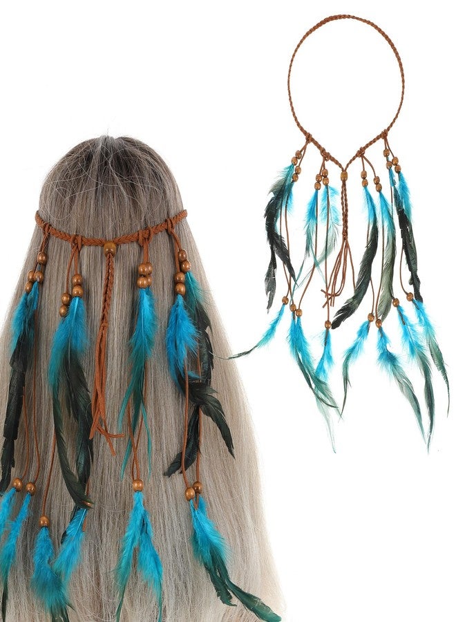 guduling Native American Headdress,Indian Headdress,Boho Indian Feather Headband,Hippie Headbands for Women, Native American Hair Accessories for Women and Girls (Blue) - Image 1